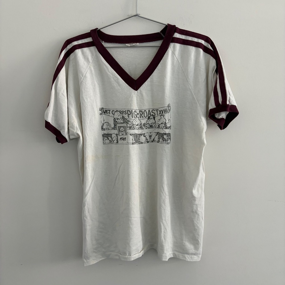 Bantam Vintage 1985 Vet Corps Pig Roast XVIII Ringer T-Shirt White XL